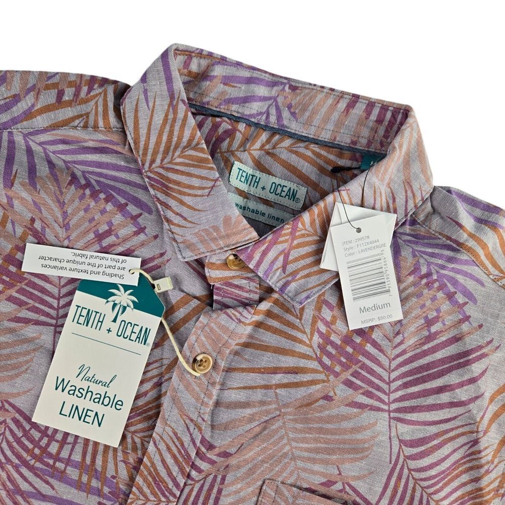 Tenth + Ocean F112X4044 Mens Medium Purple Palm Leaf S/S Washable‎ Linen Shirt